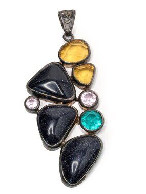 Vintage Sterling Silver .925  Multi-Gemstone Statement Asymmetrical Pendant